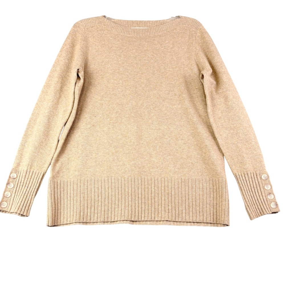 LOFT M Tan Marled Boat Neck Sweater Button Cuff Ribbed Hem Neutral Basic Preppy